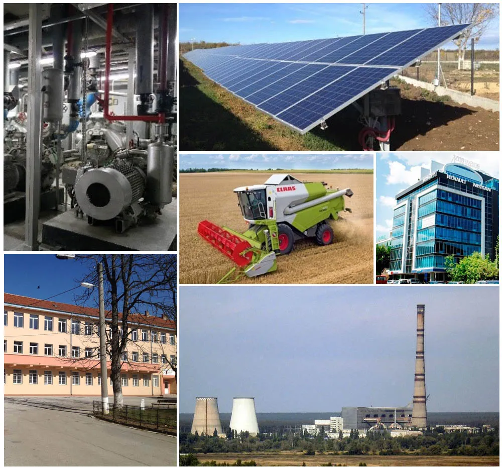 Industrial equipment, solar panels, a combine harvester, and power plants from Encon projects