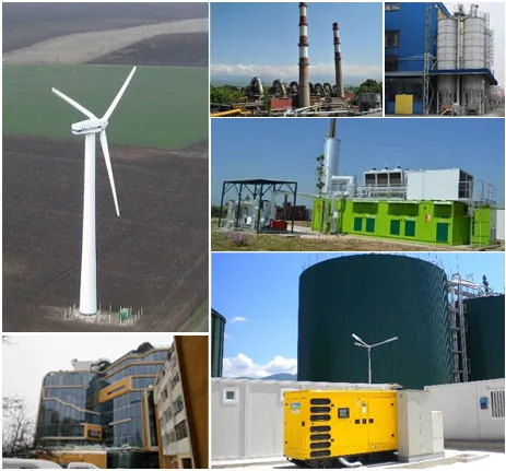 A wind turbine, biogas plant, and generator from Encon projects